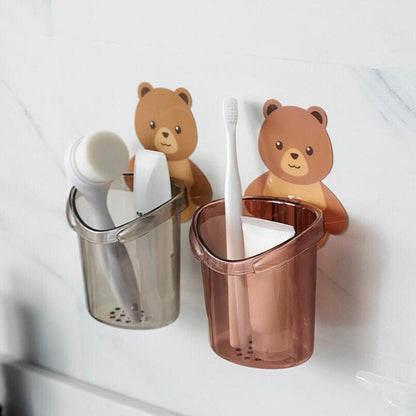 Huskus Cartoon Bear Self-Adhesive Toothbrush Holder Pack of 2 - Wall-Mounted Bathroom Organizer Pack of 2