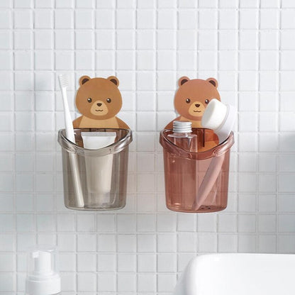 Huskus Cartoon Bear Self-Adhesive Toothbrush Holder Pack of 2 - Wall-Mounted Bathroom Organizer Pack of 2