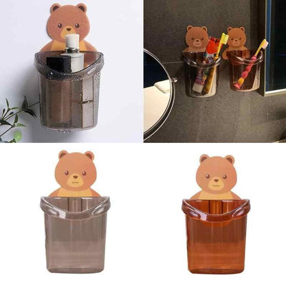 Huskus Cartoon Bear Self-Adhesive Toothbrush Holder Pack of 2 - Wall-Mounted Bathroom Organizer Pack of 2