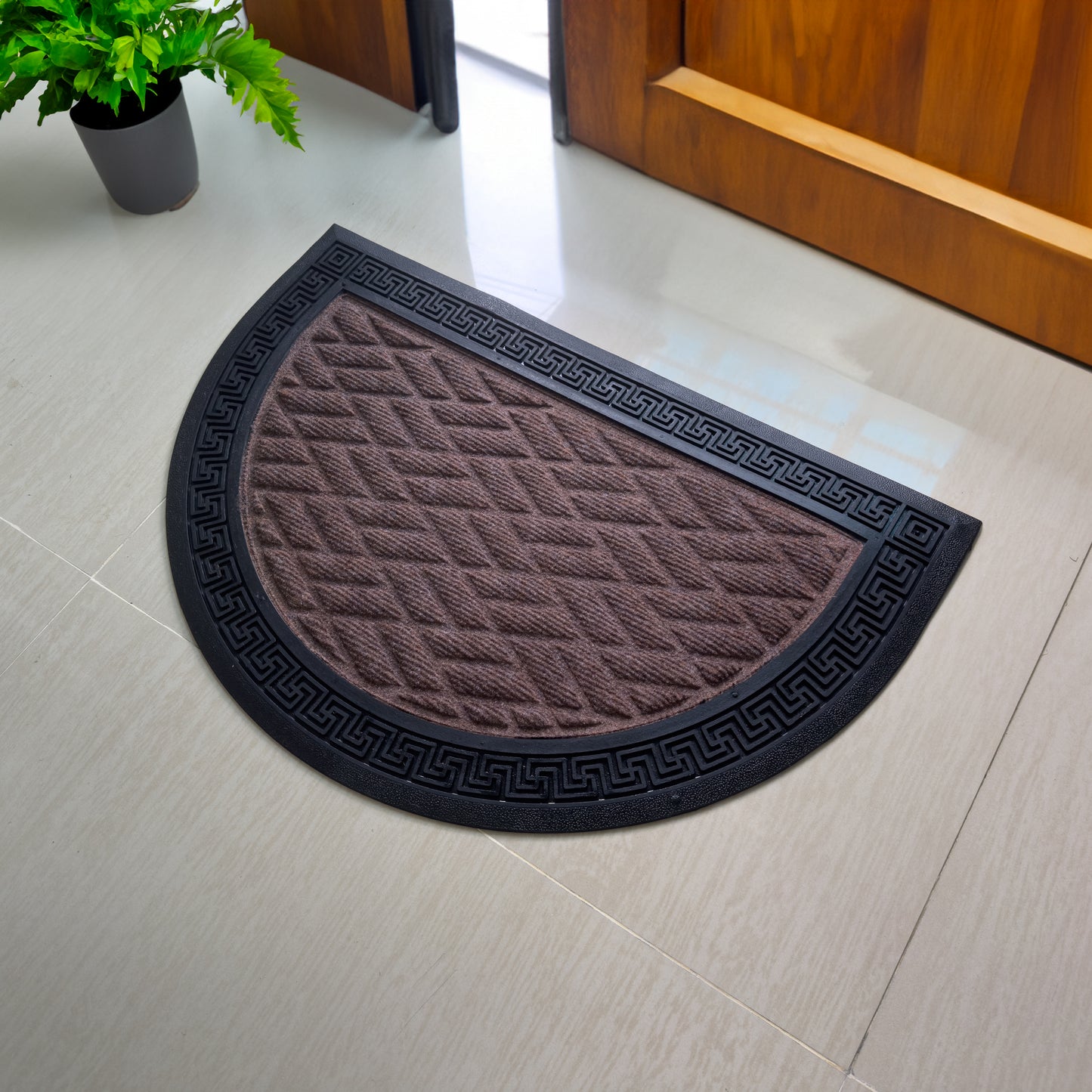 HUSKUS Semi-Circular Rubber-Backed Polypropylene Doormat with Greek Key Border – Stylish, Durable Entrance Mat for Homes & Offices 60 Centimeters, 40 Centimeters